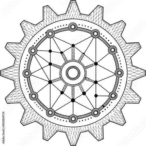 A gear with intricate internal design featuring circles and connecting lines in black and white