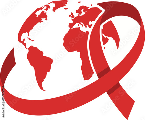 A symbolic vector illustration of a red world map globe encircled by a large red ribbon, representing global solidarity and HIV/AIDS awareness.