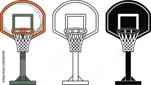 Basketball hoop silhouette & Outline and illustration set isolated on transparent background