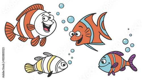 Cheerful Cartoon Fish Swimming Together. Happy Colorful Striped Marine Life Vector Illustration for Kids Education, Pet Store Ads, and Summer Fun.