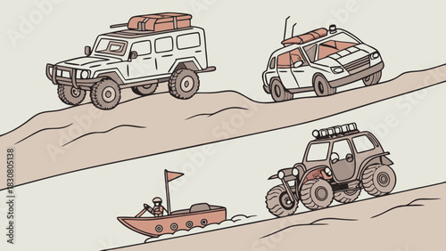 Off-Road Adventure Vehicles Conquering Challenging Terrain. Expedition Travel, Diverse Transport Solutions, and Outdoor Exploration for Resilience and Innovation.