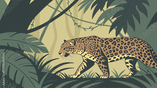 Stealthy Jaguar Walking Through Lush Tropical Rainforest Vector Illustration for Wildlife Conservation and Adventure Travel