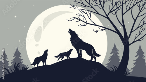 Majestic Wolves Howling Silhouette Against Bright Full Moon in Dark Forest for Wilderness Nature and Fantasy Design