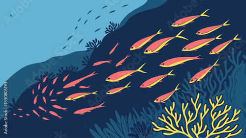 Vibrant Schools of Fish Swimming in Colorful Coral Reef Underwater Illustration Ideal for Ocean Conservation Marine Biology and Environmental Education