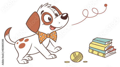 Playful Puppy with Bow Tie and Yarn Ball, Books, Coins, Learning, Education, Fun, Joyful, Bright, Cheerful, Kids, Children, School, Playtime, Storytelling, Creative, Imagination,