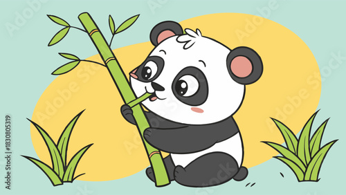 Cute Panda Eating Bamboo for Children's Books, Wildlife Education, Eco-Friendly Brands, Adorable Animal Graphics, Playful Nature Illustration, Sweet Wildlife Art