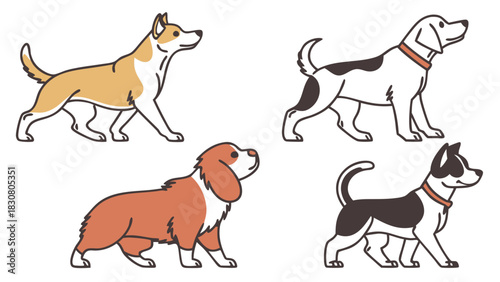 Cute Cartoon Dog Breeds Vector Illustration for Pet Care Advertising, Veterinary Services, Family Lifestyle, and Childrens Educational Content.