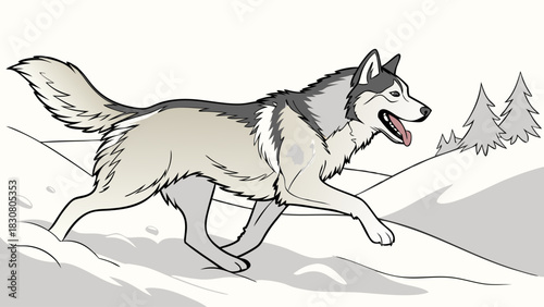 Wild Husky Dog Running in Deep Snow Winter Forest Illustration for Nature Adventure and Pet Industry Marketing