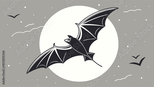 Flying Bat Silhouette Full Moon Night Sky Illustration. Spooky Halloween Design, Eerie Wildlife Vector for Party Invitations and Seasonal Projects.