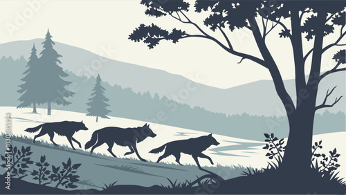 Wild Wolves Running Misty Forest Silhouette. Nature Wildlife Teamwork Leadership Strength. Outdoor Adventure Conservation.