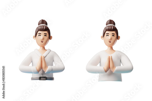 Young woman meditating with folded hand gesture 3D plastic style vector set, cartoon yoga, relax, healthy lifestyle