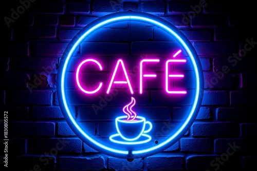 Neon CAFE sign features a glow neon pink and blue coffee cup symbol and text CAFE on round glass neon sign mounted on dark brick wall