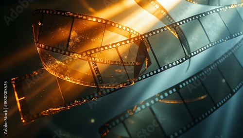 Translucent vintage film strip flowing, bathed in golden amber contrasting with cool blue background