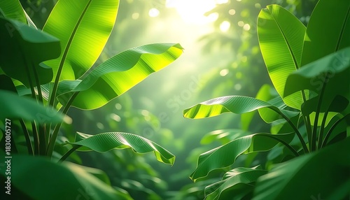 Lush tropical forest with lush green banana leaves bathed in soft natural light from sky