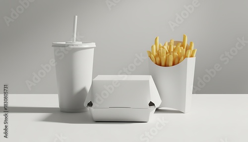 Fast food mockup set with blank drink cup, burger box, and French fries in clean minimal studio lighting