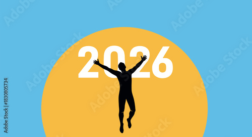 Celebrating success and looking forward to a hopeful future, a New Year 2026 greeting concept with a joyful person vector illustration