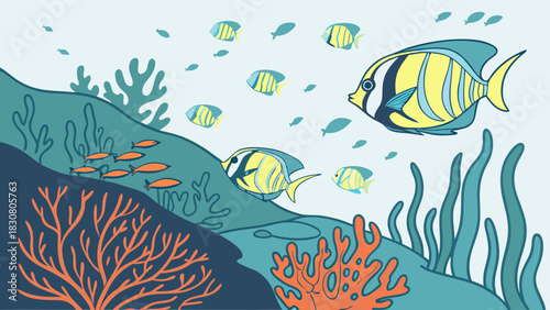 Vibrant Underwater Coral Reef with Colorful Tropical Fish Swimming. Ocean Marine Life Illustration for Education Travel and Web Design