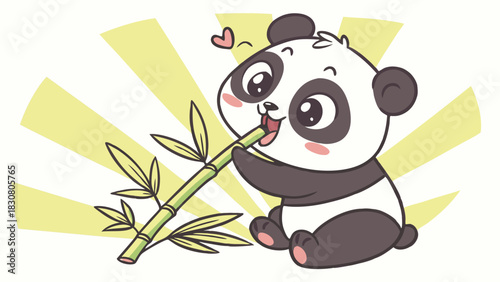 Cute Happy Baby Panda Cartoon Eating Bamboo Illustration for Kids Books Education and Nature Conservation Websites Adorable Animal Character Design