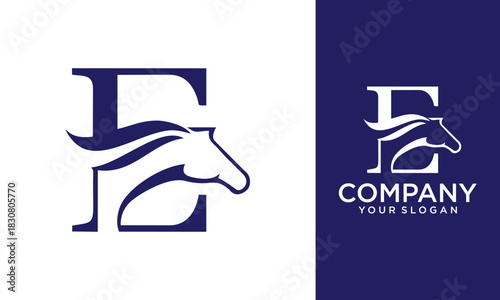 Creative letter E simple with horse racing vector logo template