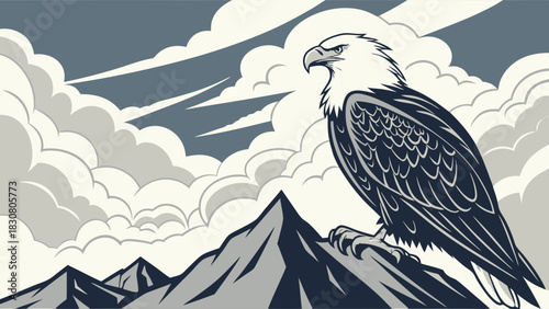 Majestic Bald Eagle Perched on Mountain Peak Overlooking Clouds for Business Leadership Vision Corporate Success and Financial Growth.