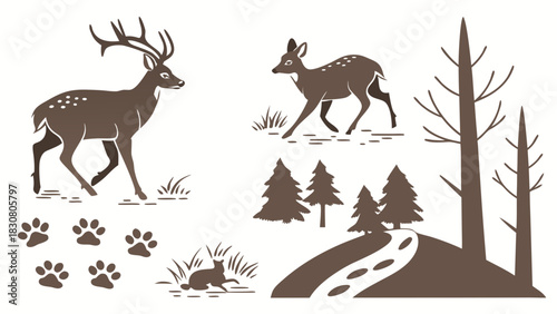 Majestic Stag and Doe in Forest Landscape, Wildlife Scene for Nature, Outdoors, and Conservation Marketing, Peaceful Woodland Atmosphere, Autumnal Vibes