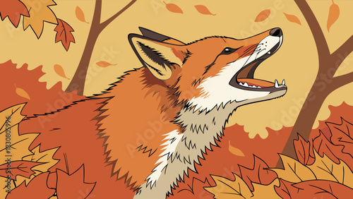 Autumn Fox Howling in Fall Leaves, Wildlife Nature Photography, Seasonal Outdoor Adventure, Vibrant Forest Scene, Animal Portrait for Editorial Use