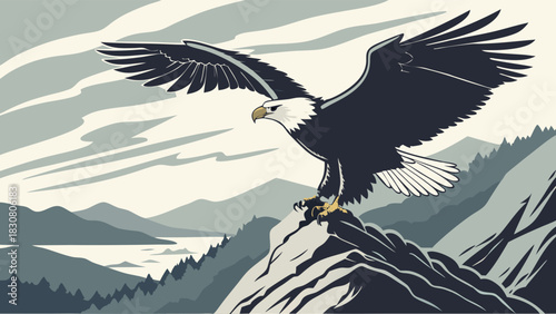 Majestic Bald Eagle Perched on Mountain Peak Overlooking Wilderness Graphic Illustration for Leadership and Business Success.
