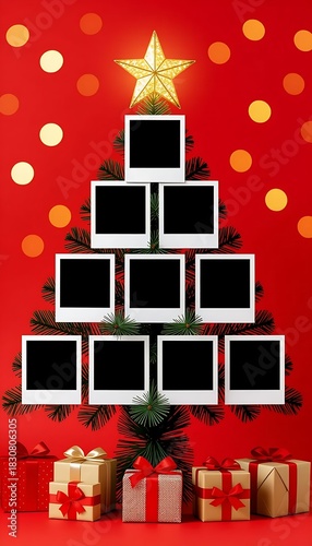 Christmas photo collage template showcasing a Christmas tree made of arranged empty black polaroid photo frames topped with golden star surrounded by giftboxes against bokeh light on red background