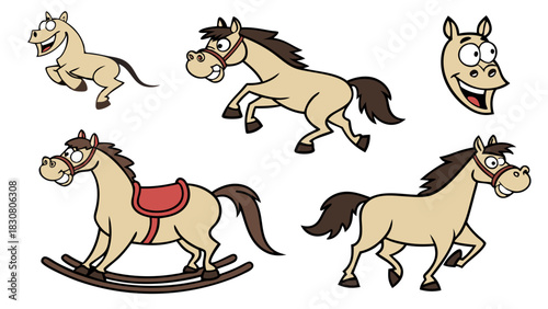Playful Cartoon Horse Characters Vector Set Running Smiling and Rocking for Kids Games Education and Fun Web Design Assets