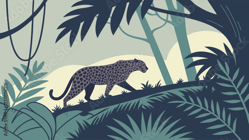 Stealthy Leopard Walking in Tropical Jungle Flat Design Illustration. Wild Big Cat in Rainforest Habitat for Nature Conservation, Wildlife Education, Travel.
