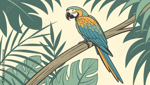 Vibrant Blue Gold Macaw Parrot Perched on Branch in Lush Tropical Jungle Illustration for Exotic Travel Nature Education and Web Design