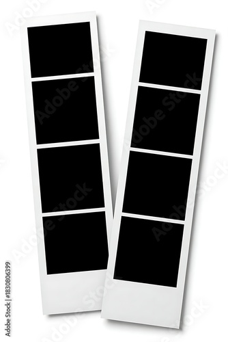 Two vertical photo booth strips template with each featuring empty black four slots separated by white frame, isolated on white background