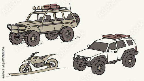 Off-Road 4x4 SUVs and Snow Bike Illustration. Rugged Adventure Vehicles for Extreme Outdoor Exploration, Travel, and Automotive Marketing.