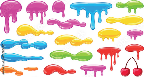 Collection of colorful dripping liquid blobs and cherries slime