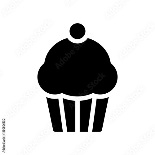 Cupcake Illustration: Simple Illustration Cupcake With Cherry On Top, Black And White Cartoon Dessert Icon