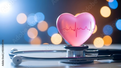 Heart health concept with stethoscope and heart shape on bokeh background