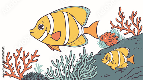 Vibrant Yellow Clownfish Swimming in Coral Reef Ecosystem, Underwater Marine Life, Ocean Adventure, Kids Education, Nature Discovery, Cheerful Aquatic Scene