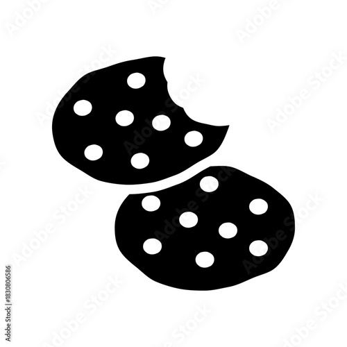 Two Chocolate Chip Cookies Illustration With Bite Marks, Simple Black and White Style