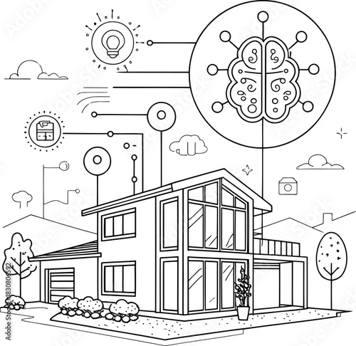 A modern house connected to smart technology and artificial intelligence concepts