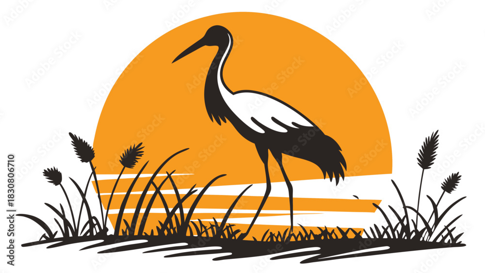 Fototapeta premium Majestic Crane Bird Silhouette Standing in Wetland Reeds at Sunset Peaceful Nature Wildlife Illustration for Conservation and Travel
