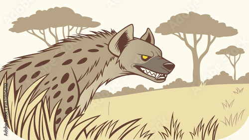 Fierce Spotted Hyena Predator Snarling in African Savanna Grass. Wildlife Illustration for Nature Education and Safari Travel.
