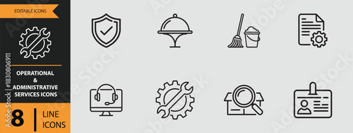 Eight operational and administrative services outline icons isolated on white background