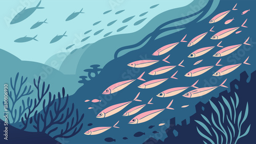 School of Fish Swimming Together in Ocean Depths, Symbolizing Teamwork and Unity for Business Marketing and Web Design, Inspiring Calm and Harmony