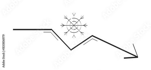 Snowflake with downward trend doodle linear object. Snow flake symbol above declining arrow. Winter downturn 2D vector outline clip art drawing isolated on white. Hand drawn sketch illustration