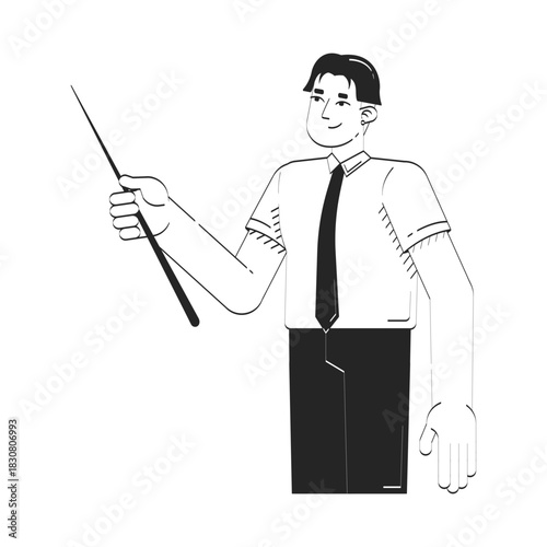Corporate asian man presenting with pointer stick doodle linear character. Chinese office worker teaching, instructing 2D vector outline person isolated. Hand drawn drawing illustration monochrome