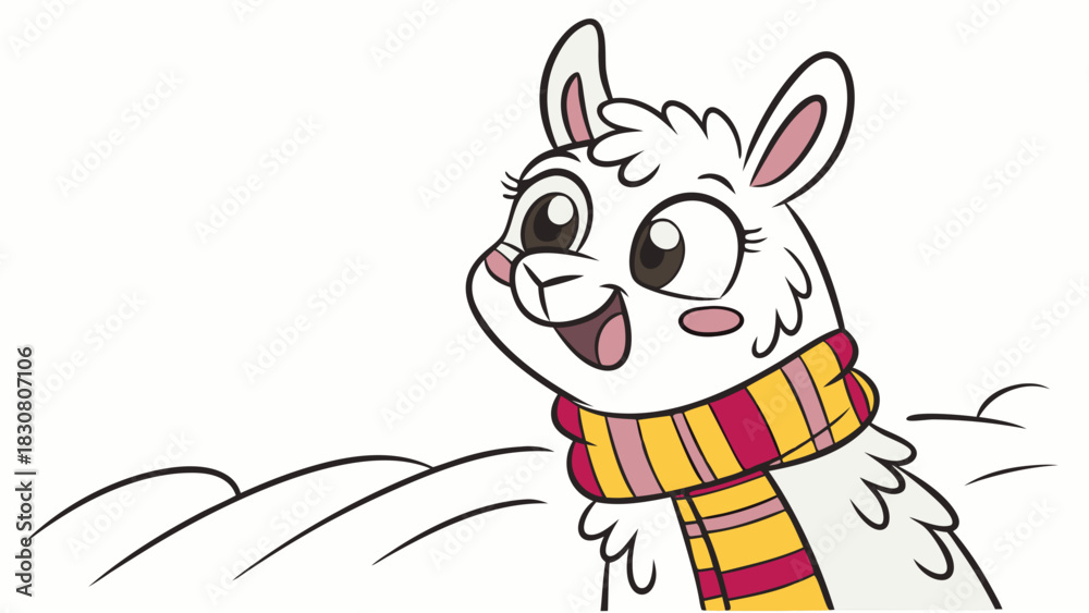 Obraz premium Joyful Llama Wearing Scarf, Winter Snow Fun, Cheerful Animal Character for Kids' Content, Educational Media, Holiday Greetings, and Whimsical Marketing Campaigns