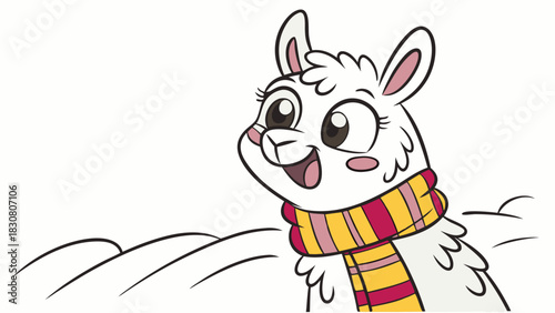 Joyful Llama Wearing Scarf, Winter Snow Fun, Cheerful Animal Character for Kids' Content, Educational Media, Holiday Greetings, and Whimsical Marketing Campaigns