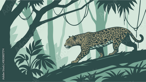 Majestic Jaguar Stalking Through Lush Jungle Canopy, Evoking Wildness, Adventure, and Nature's Power for Wildlife Documentaries, Travel Blogs, and Eco-Tourism Campaigns.