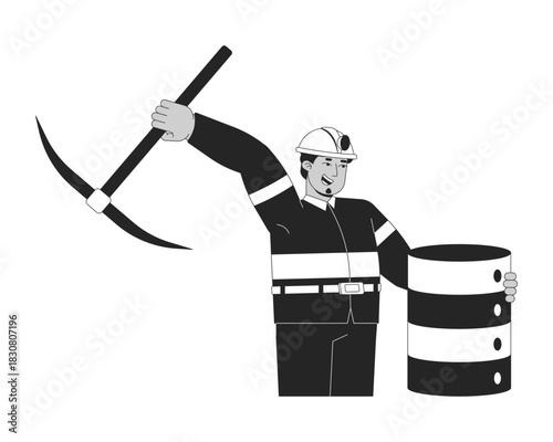 Data mining line illustration concept. Big dataset processing. Arab miner with pickaxe extracting insights from database server outline 2D character isolated. Ink linear metaphor vector art
