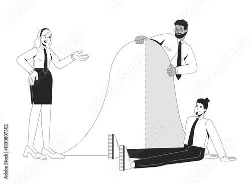 Bell curve analysis with statisticians team line illustration concept. Standard deviation. Normal distribution. Diverse analysts outline 2D characters isolated. Ink linear metaphor vector art